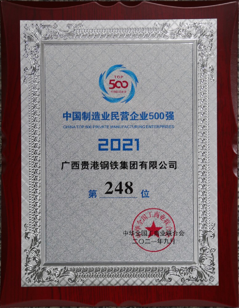 2021年中國制造業(yè)民營企業(yè)500強(qiáng)第248位.JPG